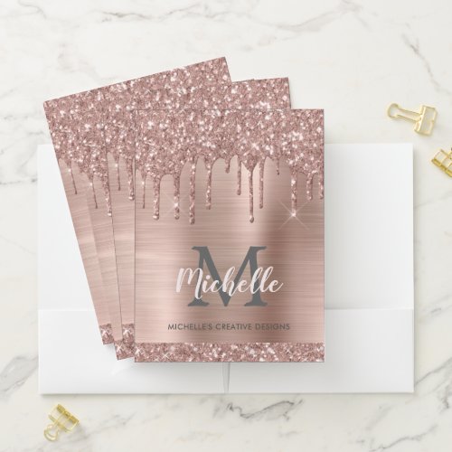 Elegant Rose Gold Pink Glitter Drips Monogrammed  Pocket Folder