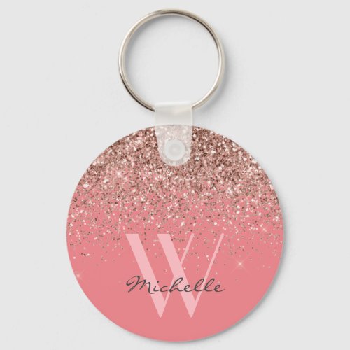 Elegant Rose Gold Pink Glitter Monogram Name Keychain