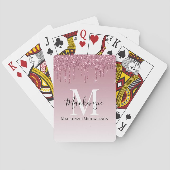 Elegant Rose Gold Pink Glitter Monogram Name  Poker Cards (Back)