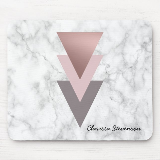 elegant rose gold pink grey triangles white marble mouse pad (Front)