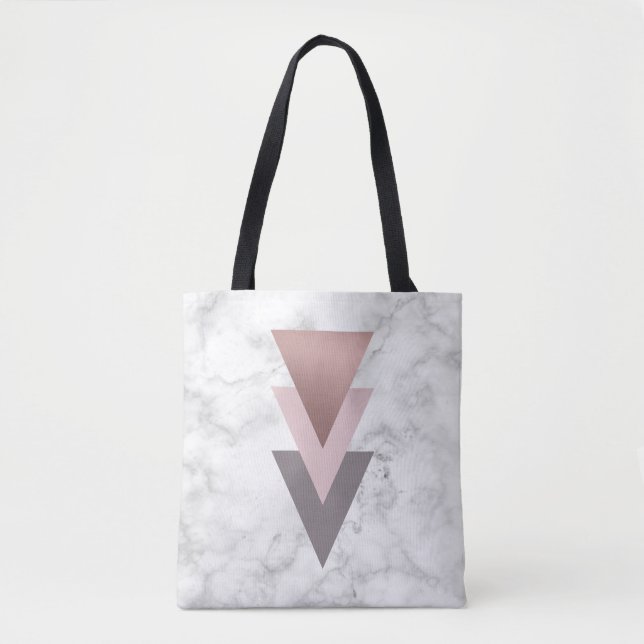 elegant rose gold pink grey triangles white marble tote bag (Front)