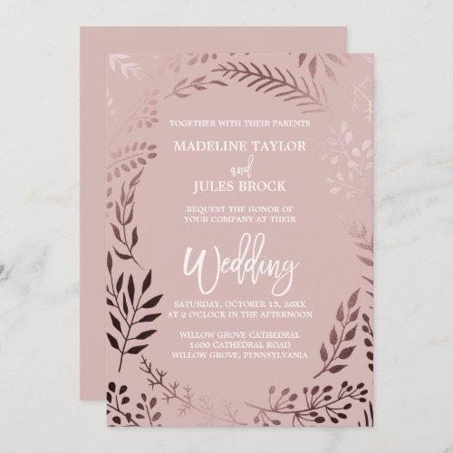 Elegant Rose Gold  Pink Leafy All In One Wedding Invitation