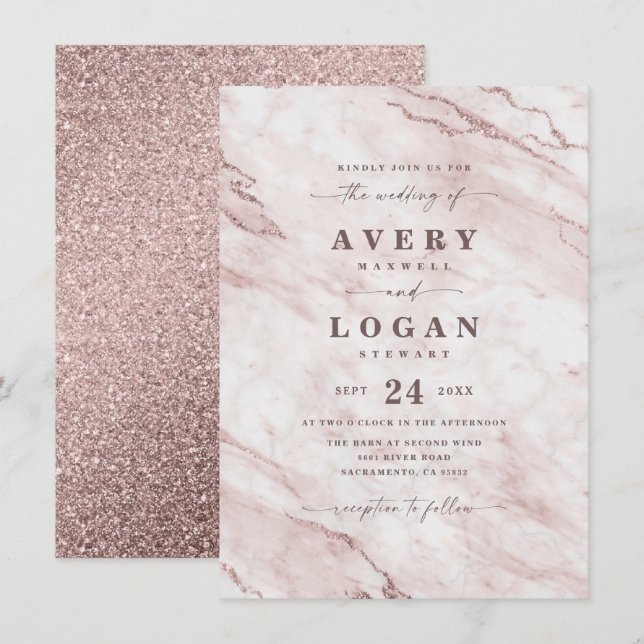 Elegant Rose Gold Pink Marble & Glitter Wedding Invitation (Front/Back)