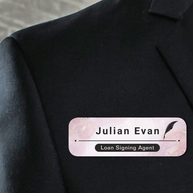 Elegant Rose Gold Pink Marble Quill Icon Notary  Name Tag (Creator Uploaded)