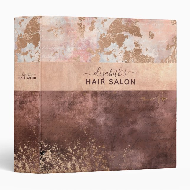 Elegant Rose Gold Pink Marble Salon 3 Ring Binder (Front/Spine)
