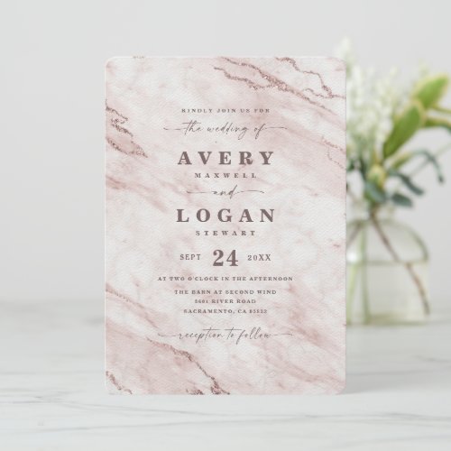 Elegant Rose Gold Pink Metallic Marble Wedding Invitation