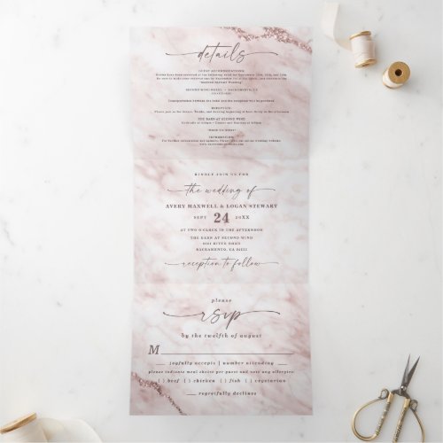 Elegant Rose Gold Pink Metallic Marble Wedding Tri_Fold Invitation