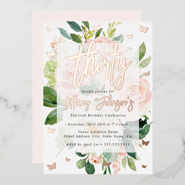 Elegant Rose Gold Pink Peach Bloom 30th Foil Invitation (Front/Back)