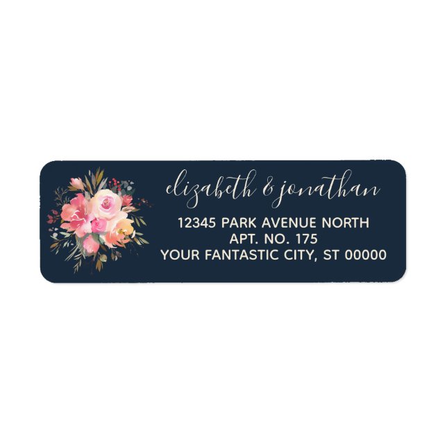 Elegant Rose Gold Pink Peonies Navy Return Address Label (Front)