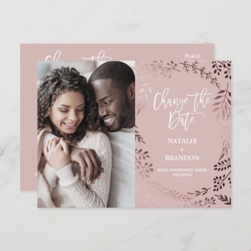 Elegant Rose Gold  Pink Photo Change the Date Announcement Postcard