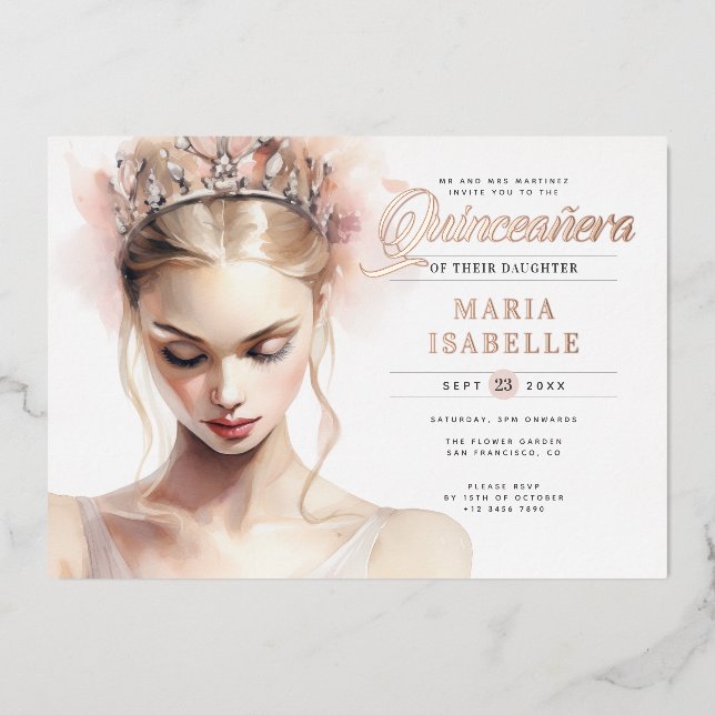 Elegant Rose Gold Pink Quinceanera Party Foil Invitation (Front)