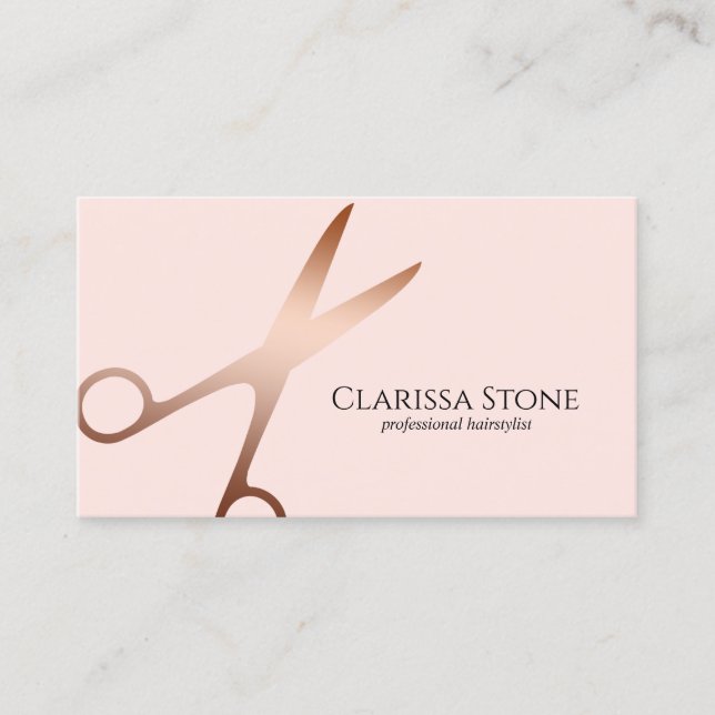 Elegant rose gold & pink scissors hairstylist business card (Front)