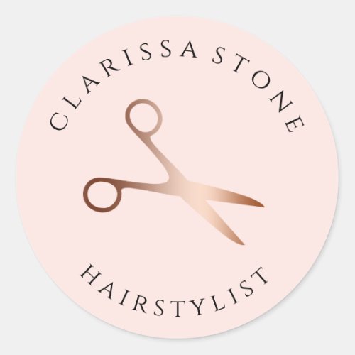 Elegant rose gold  pink scissors hairstylist classic round sticker