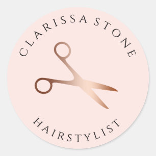 Elegant rose gold & pink scissors hairstylist classic round sticker