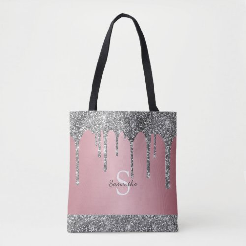 Elegant Rose Gold Pink Silver Glitter Monogram Tote Bag