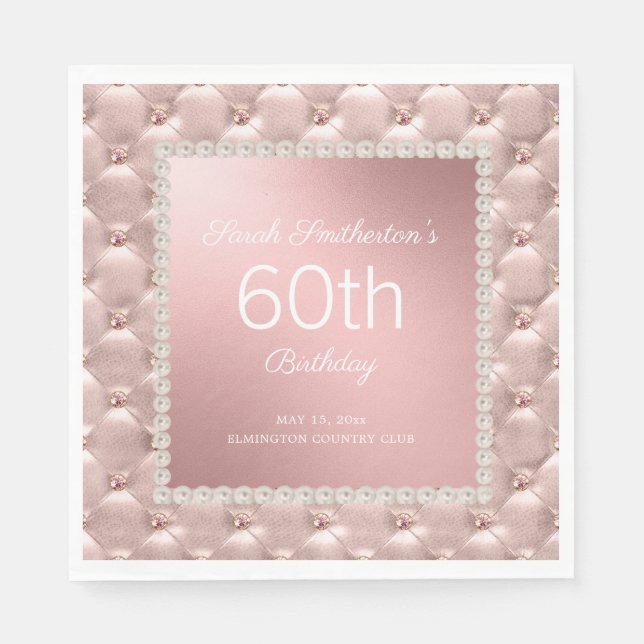 Elegant Rose Gold Pink Tufted Pearls 60th Birthday Napkins (Front)