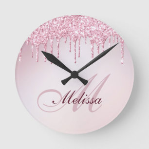 elegant rose gold purple glitter drip trendy round clock