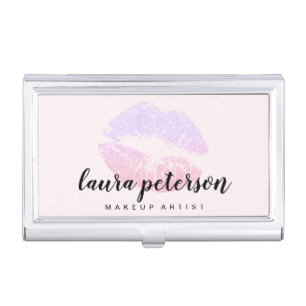 Elegant rose gold purple glitter lips makeup business card case