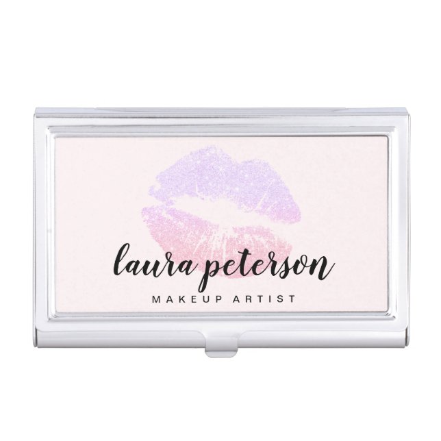 Elegant rose gold purple glitter lips makeup business card case (Front)