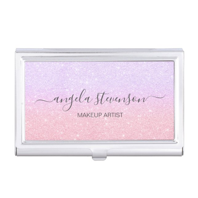 Elegant rose gold & purple glitter makeup artist business card case (Front)