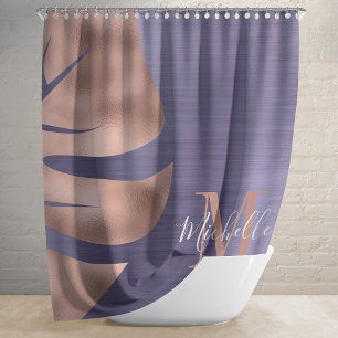 Elegant Rose Gold Purple Palm Leaf Monogram Shower Curtain
