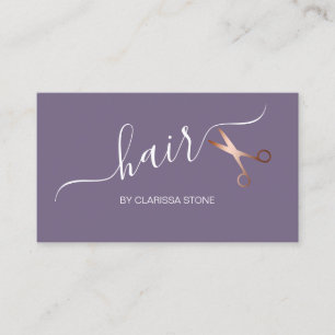 Elegant rose gold & purple scissors hairstylist business card