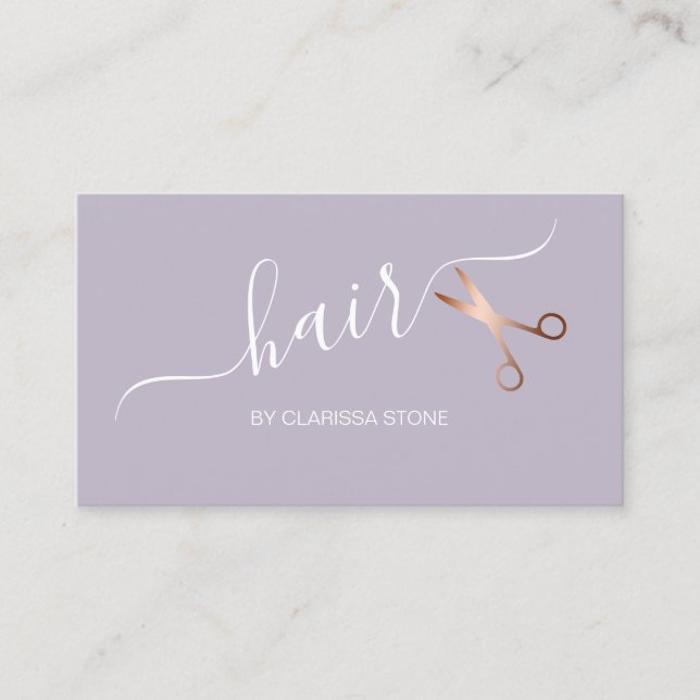 Elegant rose gold & purple scissors hairstylist business card (Front)