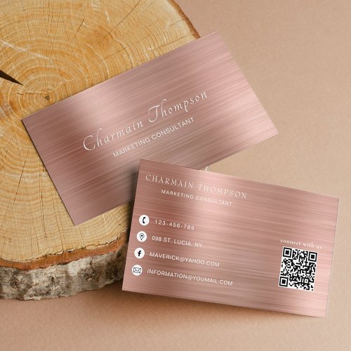 Elegant Rose Gold QR Code Connect with us Business Card