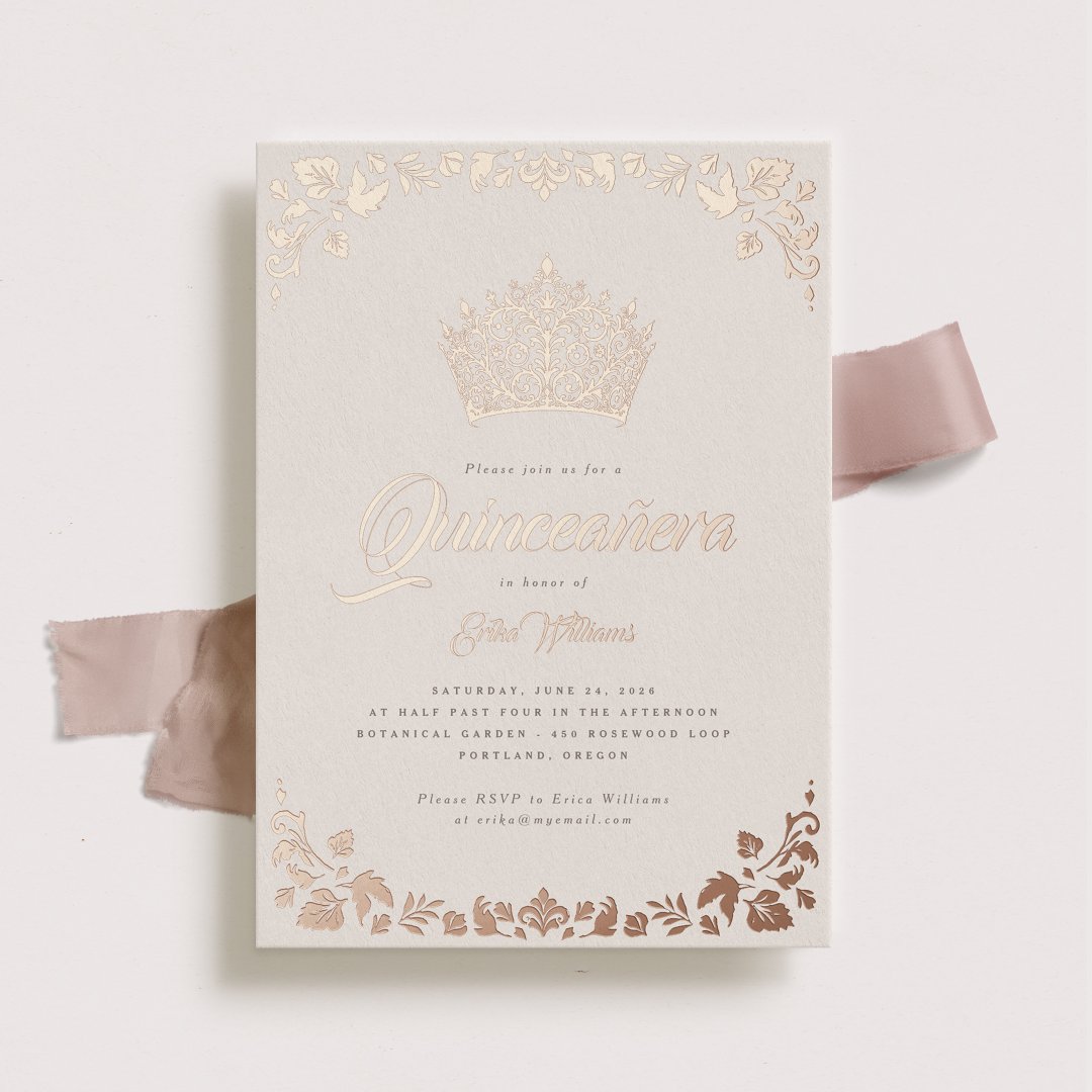 Elegant Rose Gold Quincea&#241;era Crown Foil Invitation