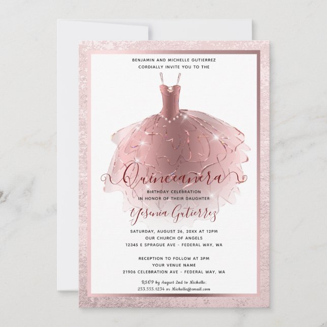 Elegant Rose Gold Quinceañera Dress Invitation (Front)