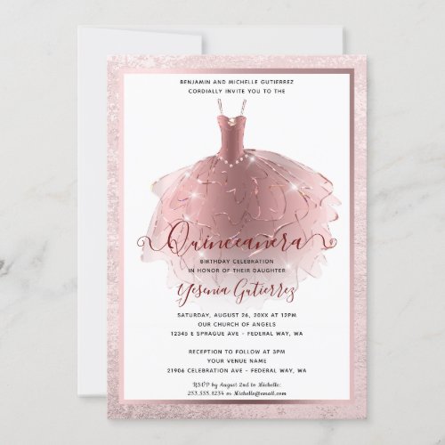 Elegant Rose Gold Quinceaera Dress Invitation