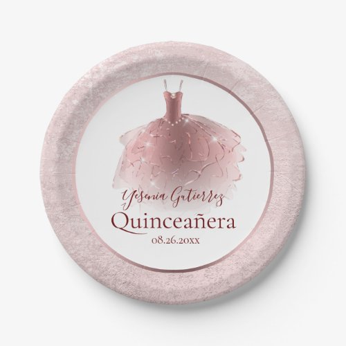 Elegant Rose Gold Quinceaera Dress Paper Plates