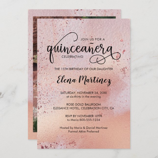 Elegant Rose Gold Quinceanera Photo Invitation (Front/Back)