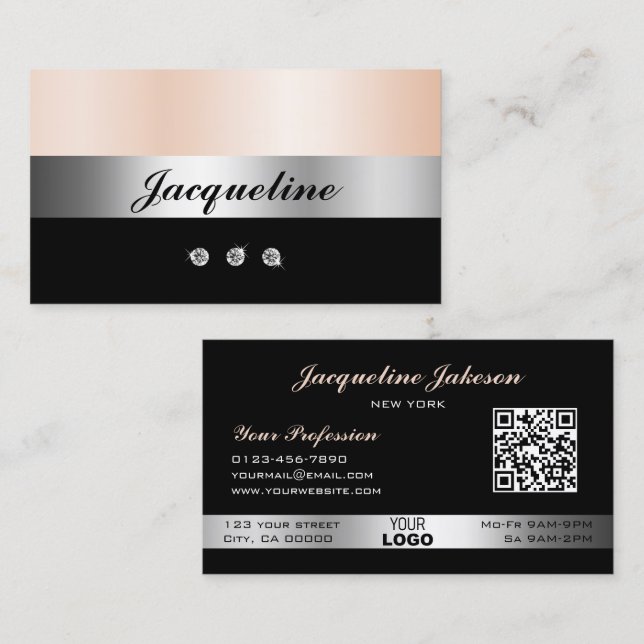 Elegant Rose Gold Rhinestones Logo and QR Code Business Card (Front/Back)