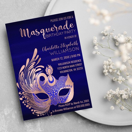 Elegant Rose Gold Royal Blue Masquerade Birthday Invitation