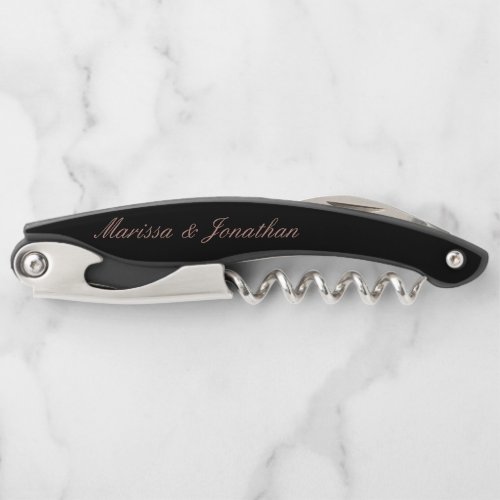 Elegant Rose Gold Script Calligraphy Black Wedding Waiters Corkscrew