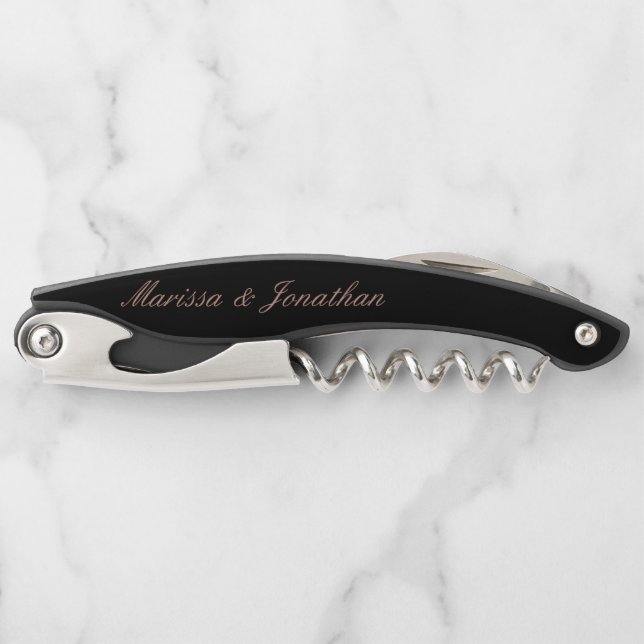 Elegant Rose Gold Script Calligraphy Black Wedding Waiter's Corkscrew (Front)
