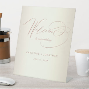Elegant Rose Gold Script Champagne Wedding Welcome Pedestal Sign