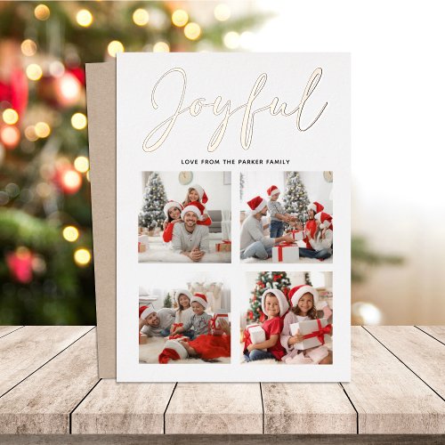 Elegant Rose Gold Script JOYFUL Modern Beige Photo Foil Holiday Card