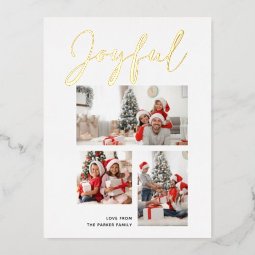 Elegant Rose Gold Script JOYFUL Modern Beige Photo Foil Holiday Postcard