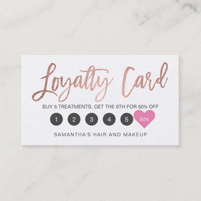 Elegant rose gold script makeup hair pink heart loyalty card (Front)