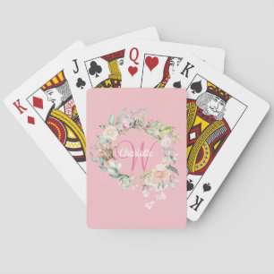Elegant Rose Gold Script Monogram Floral Poker Cards