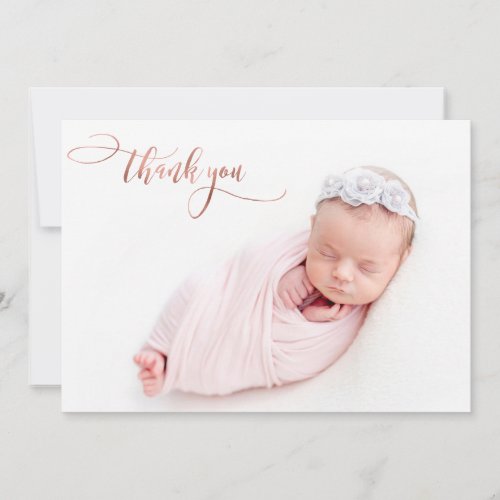 Elegant Rose Gold Script New Baby Photo Thank You