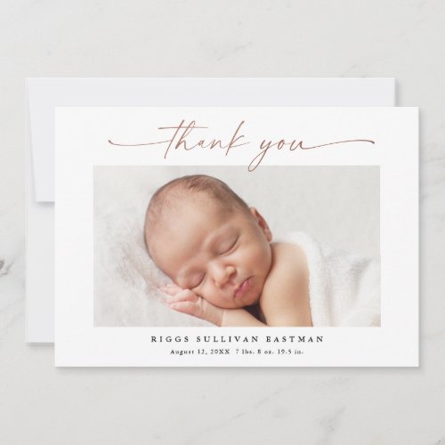 Elegant Rose Gold Script Photo Baby Thank You Card
