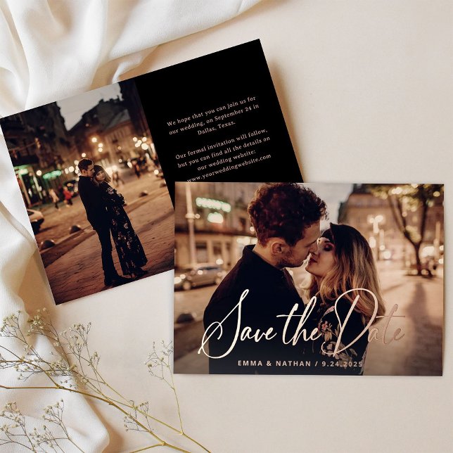 Elegant Rose Gold Script | Photo Save the Date Foil Invitation (An elegant, real rose gold foil save the date card with two photos)