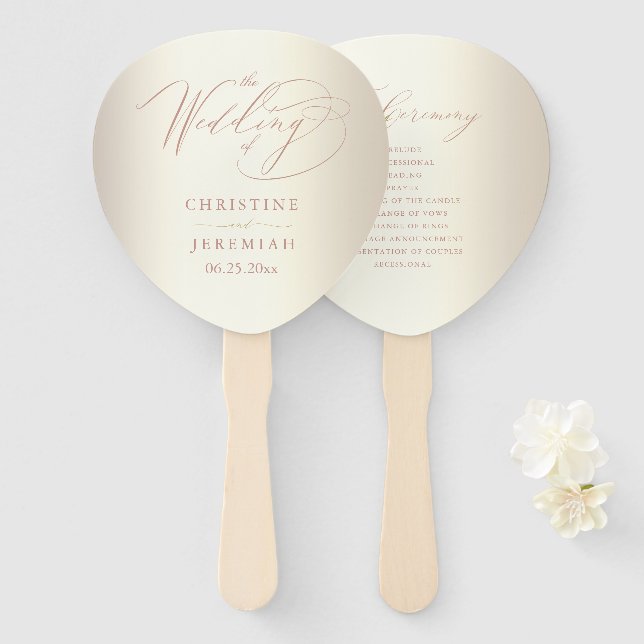 Elegant Rose Gold Script Shiny Champagne Wedding Hand Fan (Front and Back)