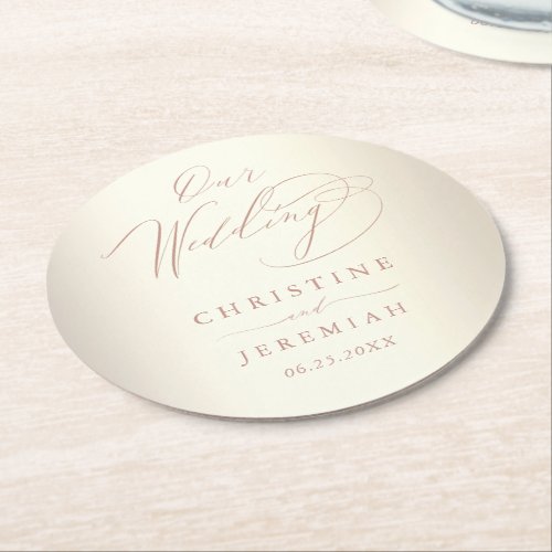 Elegant Rose Gold Script Shiny Champagne Wedding Round Paper Coaster