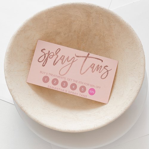 Elegant rose gold script spray tans blush pink loyalty card