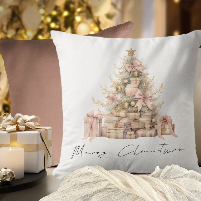 Elegant Rose Gold Script Tree Merry Christmas Throw Pillow (Front and back view)