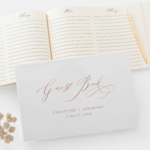 Elegant Rose Gold Script Typography White Wedding Guest Book